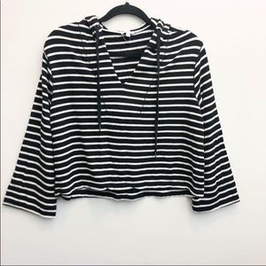 Splendid Stripe Hooded Cropped Sweater Black White